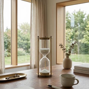 May include: A brass hourglass with white sand sits on a wooden desk. The hourglass is framed by a brass stand. A small, beige vase with greenery, a cup, and a tray with a key are also on the desk. The background includes a window with a view of trees.