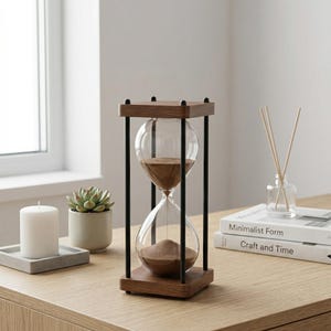 May include: A decorative hourglass with a wooden frame and black supports. The clear glass bulbs contain brown sand. The hourglass is a classic home decor item, perfect for a desk or shelf.