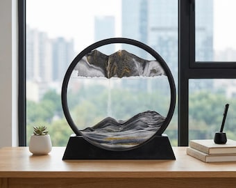 3D Berg bewegliche Sandkunst, runder schwarzer Rahmen fließender Sand Bild, Zen Schreibtischdekoration für Home Office, beruhigendes Entspannungsgeschenk