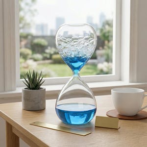 Peut inclure: Un sablier en verre transparent rempli de liquide bleu et de bulles. Le sablier est posé sur une table en bois à côté d'une petite plante succulente dans un pot en béton, d'une règle dorée, d'une plaque signalétique dorée et d'une tasse à thé blanche sur un dessous de verre.
