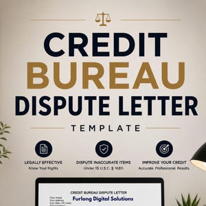 Peut inclure: Un modèle numérique de lettre de contestation auprès d'un bureau de crédit avec une icône de balance dorée, du texte bleu marine et doré, et trois icônes circulaires : Legally Effective, Dispute Inaccurate Items et Improve Your Credit.