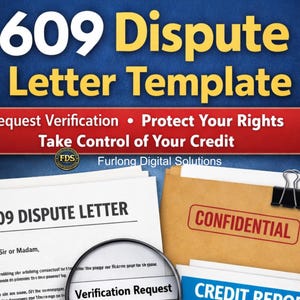 May include: Image of a 609 Dispute Letter Template with the text "Request Verification, Protect Your Rights, Take Control of Your Credit." Includes a confidential folder and a credit report.