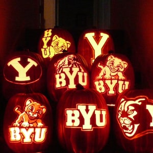 Licensed BYU carved pumpkin hand-carved on a 13&quot; craft pumpkin for Halloween decorating