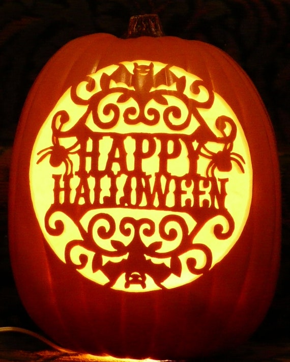 Happy Halloween scene on a hand-carved foam pumpkin for | Etsy