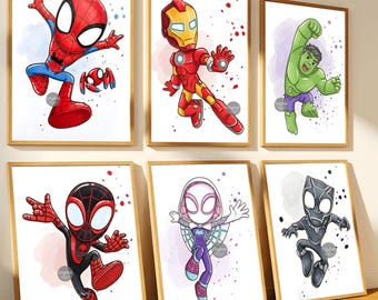Spidey en zijn geweldige vrienden verjaardag muurkunst, set van 6 superheldafdrukken, Spiderman poster kinderkamer decor, instant digitale download