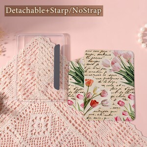 May include: A clear phone case with a detachable gray grip and a floral insert featuring pink and red tulips and handwritten script. The text "Detachable+Starp/NoStrap" is at the top.