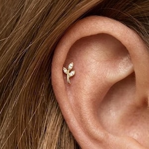 Leaf Branch CZ Helix Flat Back Stud・S925 Sterling Silver Gold Cartilage Piercing Earring・Nature Dainty Jewelry・Gift for Her