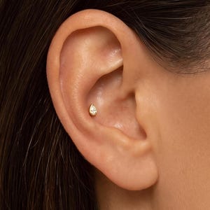 S925 Silver 18K Gold Plated CZ Stud・Bezel Pear Cut Flat Back Piercing Stud・Dainty Teardrop Ear Earrings Jewelry・Christmas Gift for Her