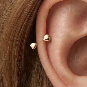 Puede incluir: Dos pequeños pendientes de botón en forma de corazón, de tono dorado y pulidos, están colocados a lo largo del borde exterior del cartílago de la oreja. Los pendientes presentan una superficie lisa y reflectante con una silueta de corazón.