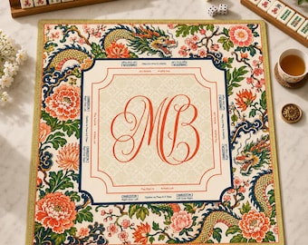 Personalized Dragon Mahjong Mat, Custom Monogram Mahjong Game Mat, Chinese Floral Mahjong Table Cover, Gift for Mahjong Lovers