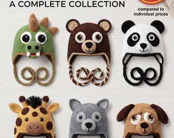 6-in-1 Animal Hat Bundle, Adorable Crochet Animal Hats for Kids, Giraffe, Panda, Bear, Dog, and More, Handmade Baby Hats Set