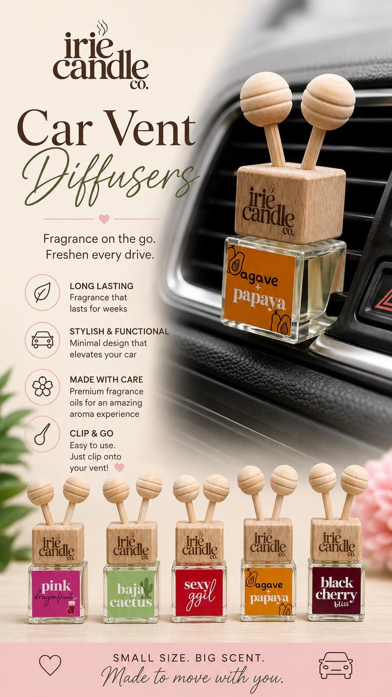 May include: Five square glass car vent diffusers with wooden caps and two wooden spheres on top. Each bottle features a label with the text irie candle co. and scent names: pink dragonfruit, baja cactus, sexy ggil, agave papaya, and black cherry.