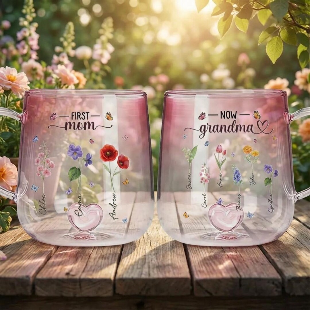 Personalized Birth Flower Glass Mug – First Mom Now Grandma Pink ...