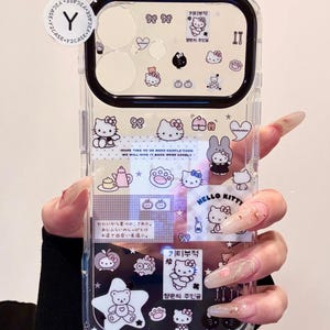 Kawaii Hello Kitty Collage Case with Black Star Beaded Charm, Cute Y2K Coquette Scrapbook Clear Cover iPhone 17 16 15 14 13 Pro Max Gift