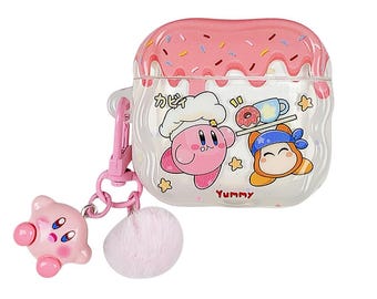 Kirby Chef Pink Frosting Drip Kawaii Clear AirPods Case with Kirby Head Charm, Cover for AirPods Pro 3 2 1 & AirPods 4 3 2 1, Gift for Her