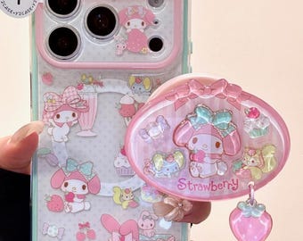 Funda My Melody MagSafe adorable con agarre de fresa y dije de cuentas, color rosa menta pastel, para iPhone 17 16 15 14 13 Pro Max, regalo Kawaii Y2K