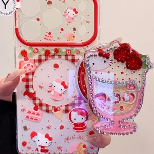 Funda Hello Kitty MAGSAFE con agarre y dije de parfait brillante, funda Kawaii de cuadros rojos para iPhone 17 16 15 14 13 Pro Max, regalo Y2K
