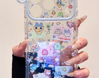 Cute Tamagotchi Holographic Star Case with Beaded Y2K Charm, Kawaii Pastel Anime Clear Cover iPhone 17 16 15 14 13 Pro Max, Coquette Gift