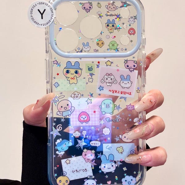 Cute Tamagotchi Holographic Star Case with Beaded Y2K Charm, Kawaii Pastel Anime Clear Cover iPhone 17 16 15 14 13 Pro Max, Coquette Gift