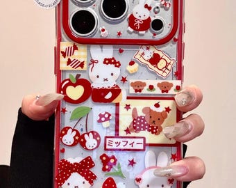 Kawaii Red Miffy Phone Case with Charm, Cute Strawberry Bunny Cover, iPhone 17 16 15 14 13 Pro Max, Y2K Japanese Aesthetic Coquette Gift