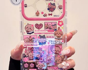 Chiikawa Pink Cute Case with Beaded Wristlet Charm, Kawaii Clear Pink Cover iPhone 17 16 15 14 13 Pro Max, Y2K Coquette Aesthetic Phone Gift