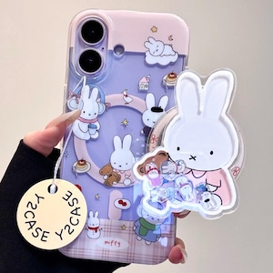 Funda Kawaii Miffy MagSafe con agarre de conejito y dije, funda para teléfono de conejo morado para iPhone 17 16 15 14 13 Pro Max, regalo de conejito coqueto Y2K