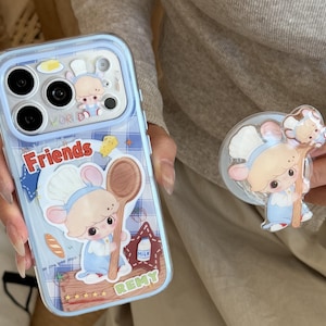 Kockmus Kawaii Blå Rutig Träsked MAGSAFE iPhone-skal med Grepp & Berlock, Fodral för iPhone 18 17 16 15 Pro Max, Present till henne