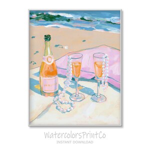 Ilustración en acuarela "Celebración en la playa", con botella de prosecco y copas (descarga digital) 338