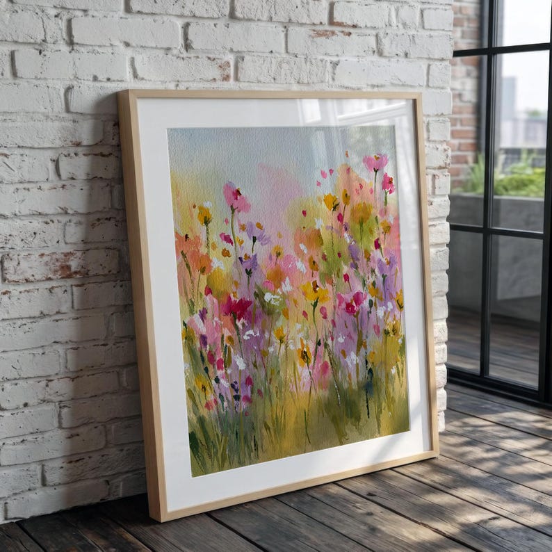 Watercolor Wildflower Field Painting, Cottagecore Spring Meadow Art ...
