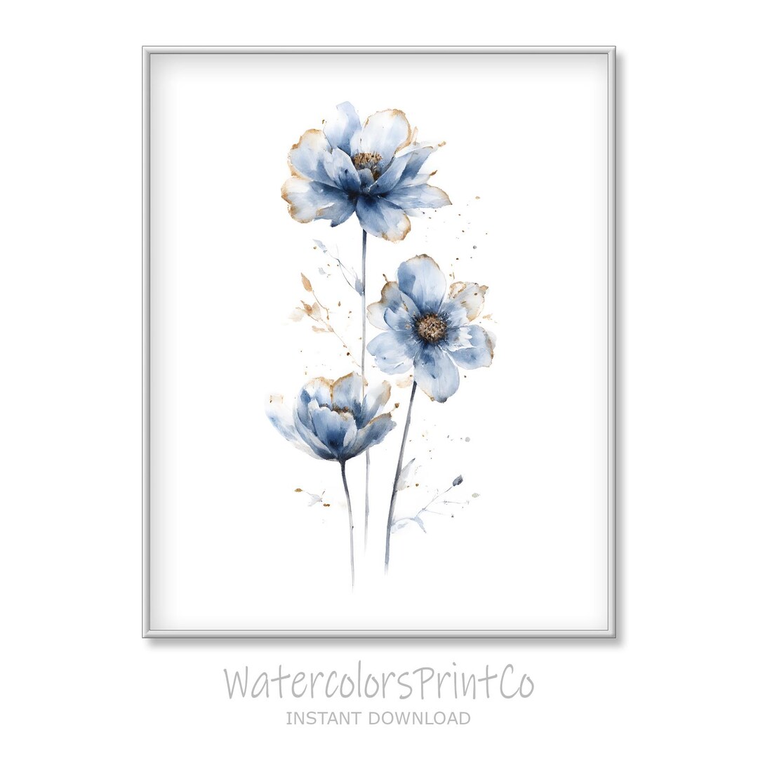 Printable Rustic Watercolor Flowers - Soft Blue Floral Trio Art ...