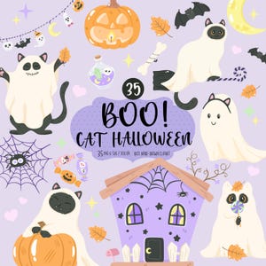 Conjunto de Clipart Fofo de Halloween, SVG de Gato Fantasma, PNG de Halloween em Tons Pastel, Clipart de Gato Preto de Halloween, Gráficos de Abóbora e Fantasma, Download Digital