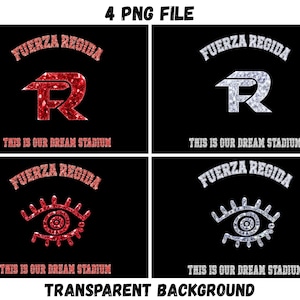 以下が含まれることがあります： FUERZA REGIDAおよびTHIS IS OUR DREAM STADIUMのテキストを含む4つのデジタルグラフィックデザイン。2つのデザインは赤のグリッターでFRロゴまたは目のアイコンを表示し、残りの2つは黒の背景に銀のグリッターで同じ要素を表示しています。