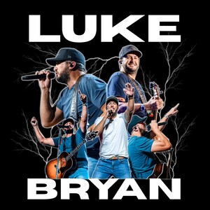 May include: A graphic design featuring the text LUKE BRYAN in bold white letters. The image displays multiple photos of a man wearing baseball caps, t-shirts, and jeans, performing on stage with an acoustic guitar and microphone against a black background.