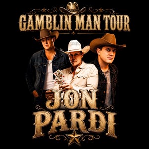 May include: A promotional graphic for the Gamblin Man Tour featuring Jon Pardi. Three figures wearing cowboy hats are centered against a black background. The central figure holds playing cards. The text reads Gamblin Man Tour and Jon Pardi.