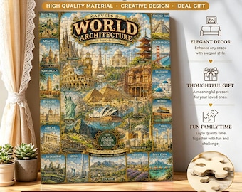 Wereldarchitectuurpuzzel, collagepuzzel beroemde bezienswaardigheden, vintage reisposterkunst, cadeau voor architectuurliefhebbers