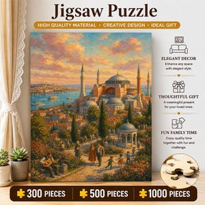 Può includere: Un puzzle raffigurante un dipinto scenografico di una moschea con minareti che si affaccia su un porto al tramonto. L'immagine include persone che camminano in un giardino con un gazebo. Testo: Jigsaw Puzzle, 300, 500, 1000 pezzi.