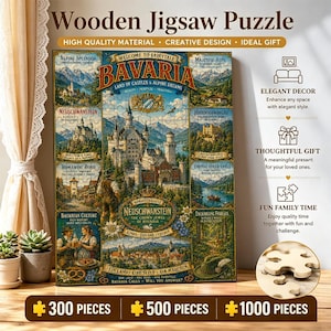 May include: Wooden jigsaw puzzle featuring a colorful illustration of Bavaria, with castles, mountains, and text. The puzzle is available in 300, 500, and 1000 pieces. The text includes "Welcome to Fairytales" and "High Quality Material".