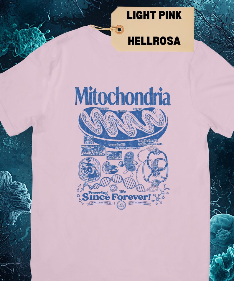 A light pink short-sleeve t-shirt with a blue graphic of a mitochondria cell and related scientific diagrams and text, with a brown tag that says "LIGHT PINK HELLROSA."