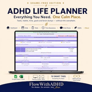 ADHD Life Planner | Shame-Free Daily Planner | Habit Tracker No Streaks | Google Sheets Excel | ADHD Digital Planner