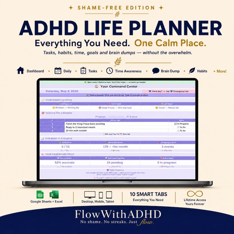 ADHD Life Planner for adults in Google Sheets and Excel, shown on a laptop with daily planning, task management, habits, brain dump and time awareness tools in one shame-free digital system.