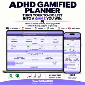 Zgrywalizowany planer ADHD dla dorosłych, śledzenie zadań i nawyków XP, Arkusze Google + Excel