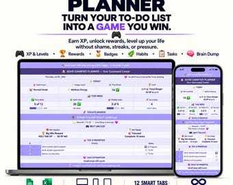 Gamified ADHD Planner for Adults, XP Task & Habit Tracker, Google Sheets + Excel