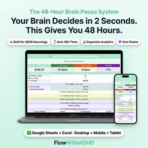 May include: A laptop and smartphone display a financial dashboard with the text "IMPULSE BUY VAULT." The screen shows savings data, including items ditched, awaiting decisions, and a win rate. The image includes the text "The 48-Hour Brain Pause System."