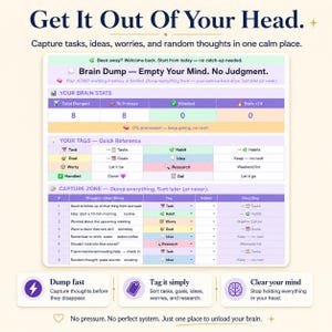ADHD brain dump planner for adults with a digital thought capture system for tasks, goals, ideas, worries and research. Executive function organizer designed to reduce mental clutter, working memory overload and forgotten tasks.