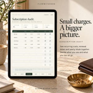 May include: A digital tablet displaying a Subscription Audit page with columns for service, monthly cost, renewal date, yearly total, and checkboxes for usage and cancellation. The screen text reads Small charges. A bigger picture. Subscription Audit.