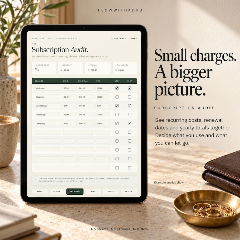 May include: A digital tablet displaying a Subscription Audit page with columns for service, monthly cost, renewal date, yearly total, and checkboxes for usage and cancellation. The screen text reads Small charges. A bigger picture. Subscription Audit.
