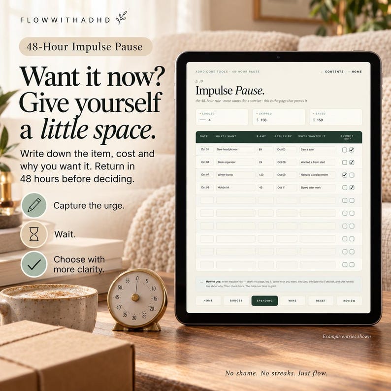 May include: A digital tablet displaying an Impulse Pause tracker page with columns for date, item, cost, return date, and reason. The screen shows text including "Want it now? Give yourself a little space" and "48-Hour Impulse Pause" alongside a list of example entries.