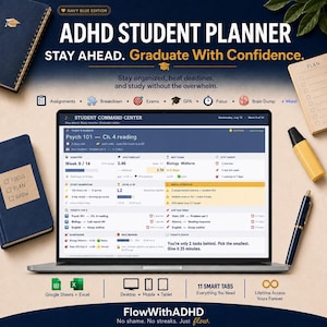 ADHD Student Planner Spreadsheet  Assignment Tracker, GPA Calculator, Google Sheets & Excel, Navy Blue Edition