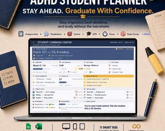 ADHD Student Planner | School Planner | Assignment Tracker | Exam Planner | GPA Calculator | Google Sheets & Excel | Navy Blue Edition