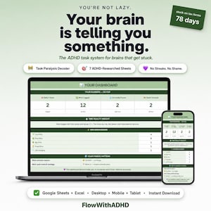 Może przedstawiać: Laptop i smartfon wyświetlają interfejs pulpitu nawigacyjnego z wizualizacjami danych. Tekst brzmi "Your brain is telling you something." i "The ADHD task system for brains that get stuck." Dodatkowy tekst zawiera "78 dni" i "Google Sheets + Excel."